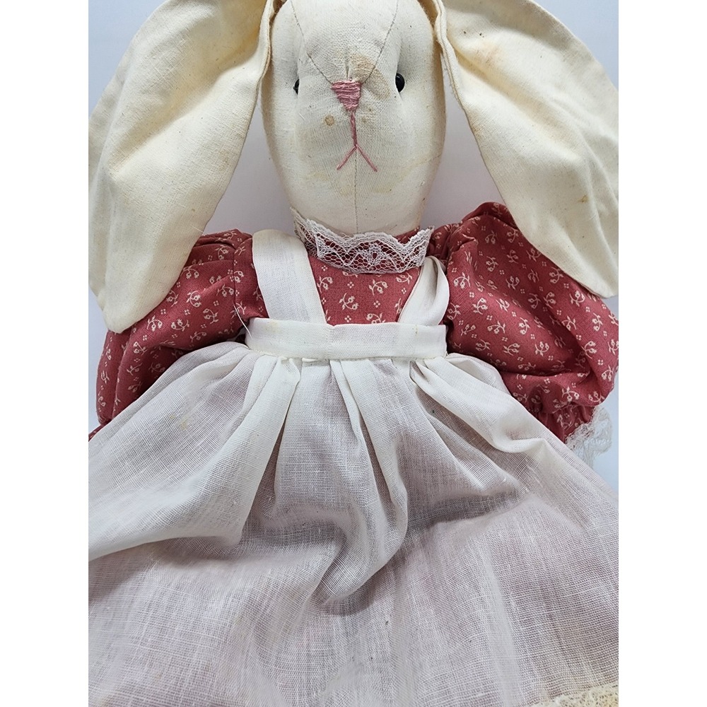 Vintage Handmade Primitive Rag Doll Bunny Rabbit Red Floral Dress Lace Trim 20in - Picture 4 of 9